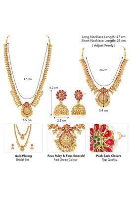 Goddess lakshmi faux ruby faux emerald studded bridal short long necklace earrings set 4