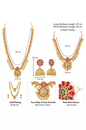 Goddess lakshmi faux ruby faux emerald studded bridal short long necklace earrings set