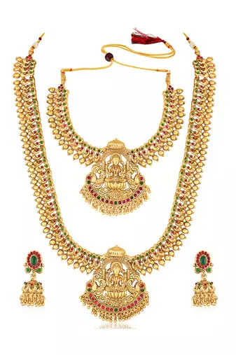 Goddess lakshmi gold plated bridal long & short necklace with earrings jewellery set for women