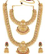 Goddess lakshmi gold plated bridal long & short necklace with earrings jewellery set for women