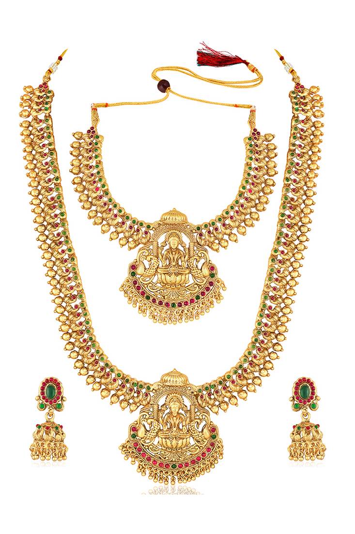 Goddess lakshmi gold plated bridal long & short necklace with earrings jewellery set for women