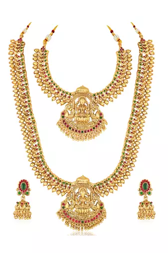 Goddess lakshmi gold plated bridal long & short necklace with earrings jewellery set for women