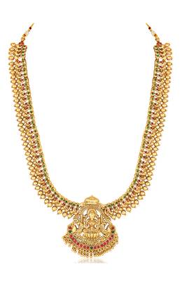 Goddess lakshmi gold plated bridal long & short necklace with earrings jewellery set for women 5