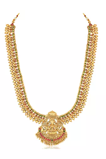 Goddess lakshmi gold plated bridal long & short necklace with earrings jewellery set for women