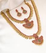 Gold plated faux kundan & beads studded bridal necklace earrings & maangtikka jewellery set