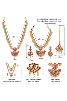 Gold plated faux kundan & beads studded bridal necklace earrings & maangtikka jewellery set 4