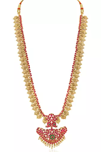 Gold plated faux kundan & beads studded bridal necklace earrings & maangtikka jewellery set