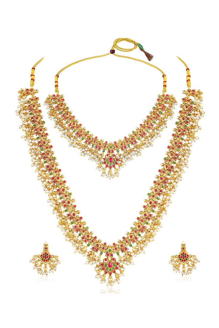 Faux ruby studded gold plated ethnic kamarbandh belly chain jewellery for women & girls