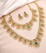 Gold plated faux emerald faux ruby & beads studded choker & long necklace earrings bridal set