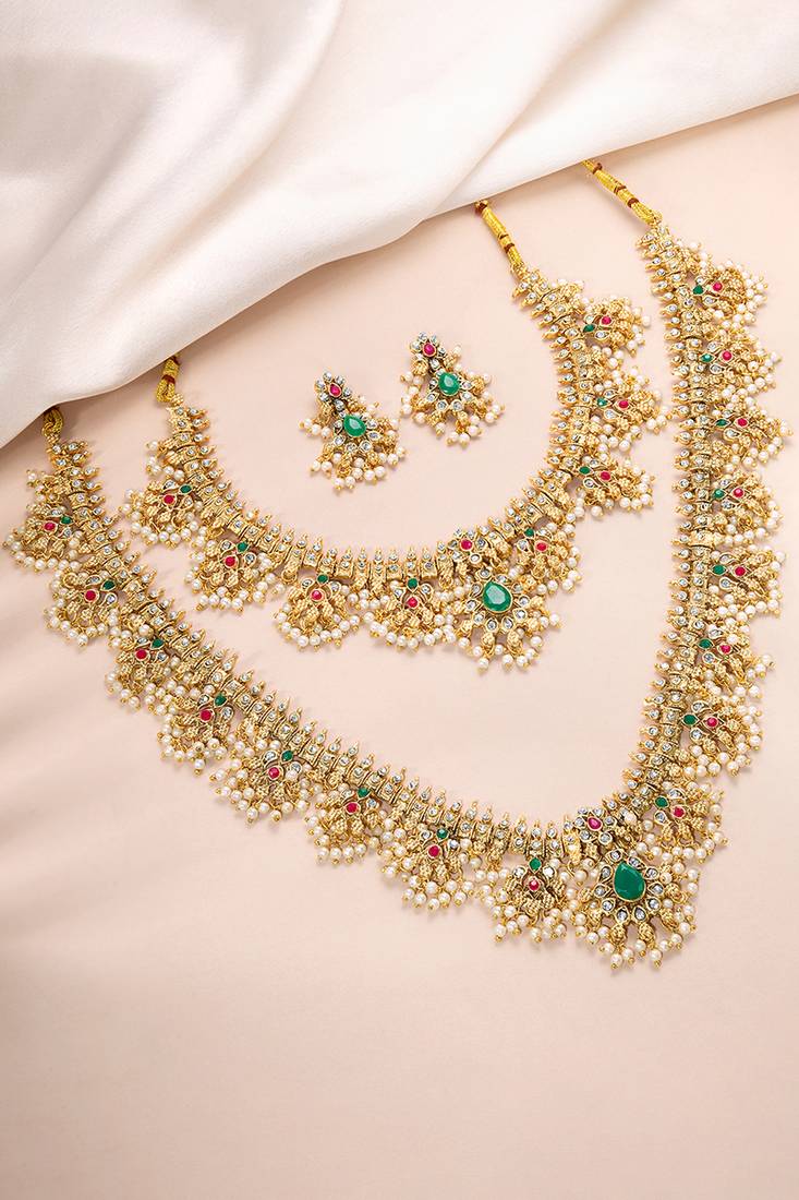 Gold plated faux emerald faux ruby & beads studded choker & long necklace earrings bridal set