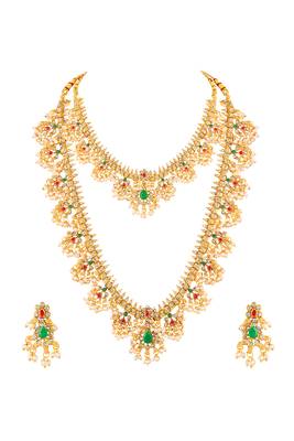 Gold plated faux emerald faux ruby & beads studded choker & long necklace earrings bridal set 2