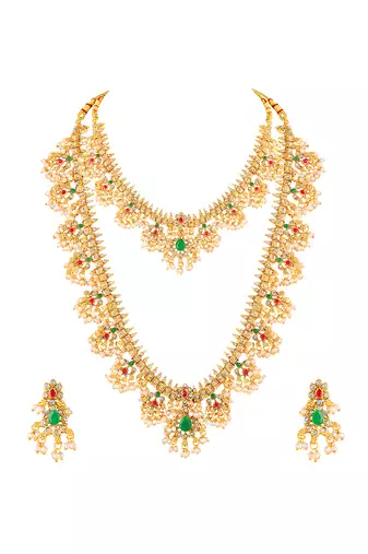 Gold plated faux emerald faux ruby & beads studded choker & long necklace earrings bridal set