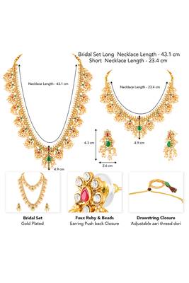 Gold plated faux emerald faux ruby & beads studded choker & long necklace earrings bridal set 3
