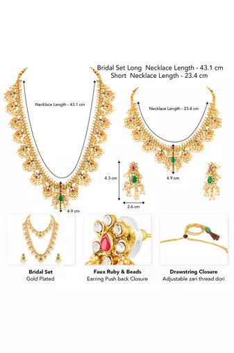 Gold plated faux emerald faux ruby & beads studded choker & long necklace earrings bridal set