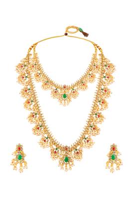 Gold plated faux emerald faux ruby & beads studded choker & long necklace earrings bridal set 4