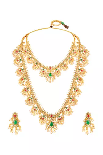 Gold plated faux emerald faux ruby & beads studded choker & long necklace earrings bridal set