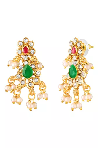 Gold plated faux emerald faux ruby & beads studded choker & long necklace earrings bridal set
