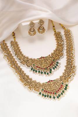Gold plated faux ruby faux emerald & lariya studded necklace earrings bridal jewellery set 1