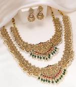Gold plated faux ruby faux emerald & lariya studded necklace earrings bridal jewellery set