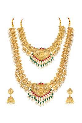 Gold plated faux ruby faux emerald & lariya studded necklace earrings bridal jewellery set 2