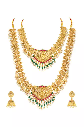 Gold plated faux ruby faux emerald & lariya studded necklace earrings bridal jewellery set