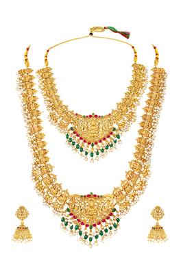 Gold plated faux ruby faux emerald & lariya studded necklace earrings bridal jewellery set 4