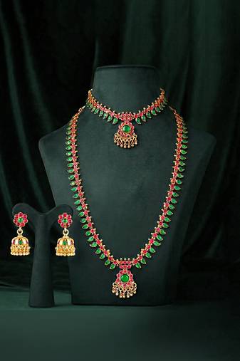 Gold plated faux ruby faux emerald studded ethnic belly chain kamarbandh jewellery for women