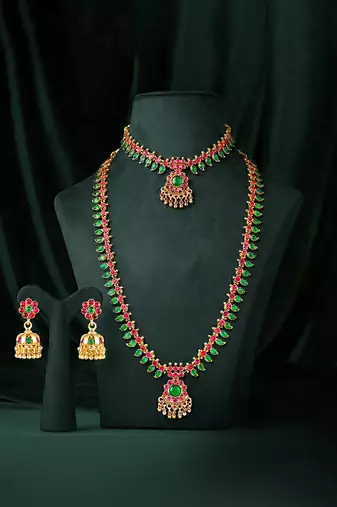 Gold plated faux ruby faux emerald studded ethnic belly chain kamarbandh jewellery for women