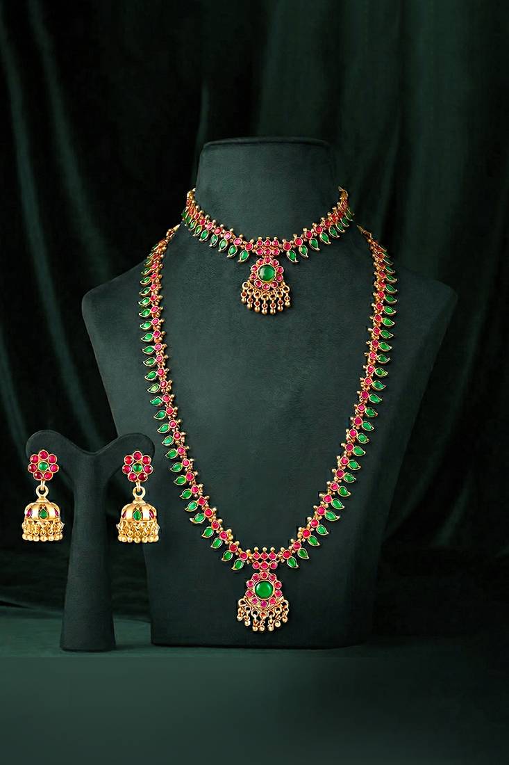 Gold plated faux ruby faux emerald studded ethnic belly chain kamarbandh jewellery for women