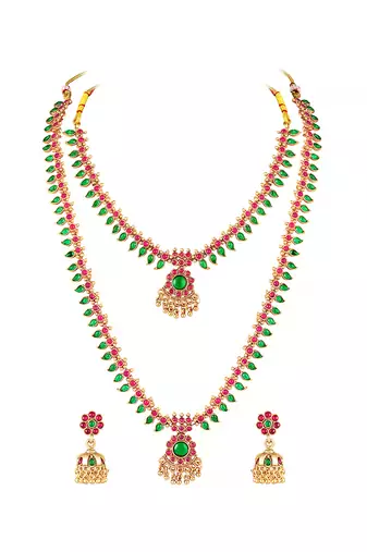 Gold plated faux ruby faux emerald studded ethnic belly chain kamarbandh jewellery for women