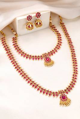 Gold plated faux ruby studded long & short necklace earrings bridal set jewellery for women 1