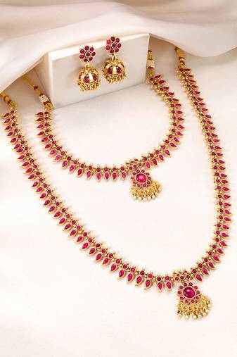 Gold plated faux ruby studded long & short necklace earrings bridal set jewellery for women
