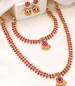 Gold plated faux ruby studded long & short necklace earrings bridal set jewellery for women