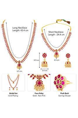 Gold plated faux ruby studded long & short necklace earrings bridal set jewellery for women 2