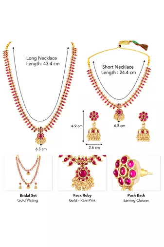 Gold plated faux ruby studded long & short necklace earrings bridal set jewellery for women