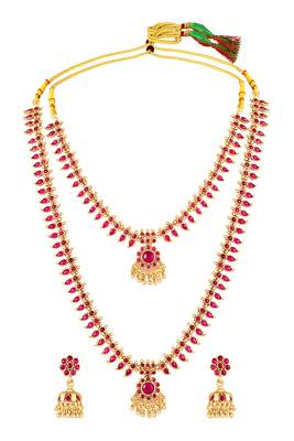 Gold plated faux ruby studded long & short necklace earrings bridal set jewellery for women 3