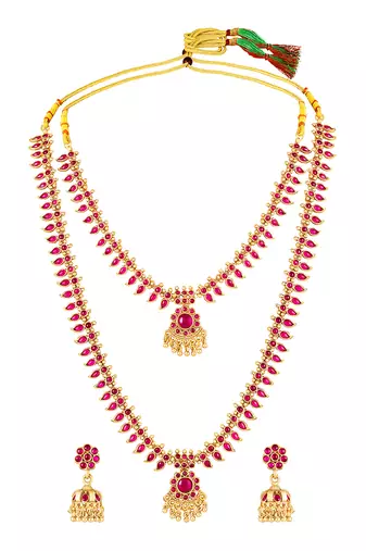 Gold plated faux ruby studded long & short necklace earrings bridal set jewellery for women