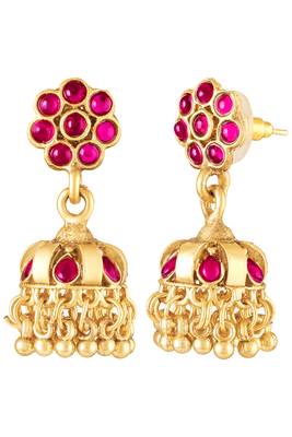 Gold plated faux ruby studded long & short necklace earrings bridal set jewellery for women 4