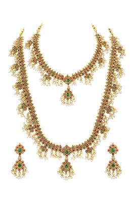 Gold plated faux ruby faux emerald & lariya studded necklace earrings bridal jewellery set 1