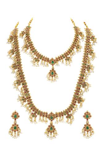Gold plated faux ruby faux emerald & lariya studded necklace earrings bridal jewellery set