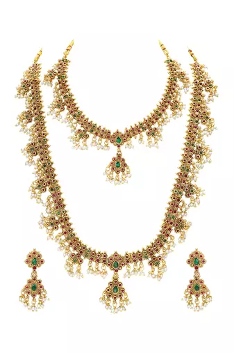 Gold plated faux ruby faux emerald & lariya studded necklace earrings bridal jewellery set