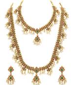 Gold plated faux ruby faux emerald & lariya studded necklace earrings bridal jewellery set