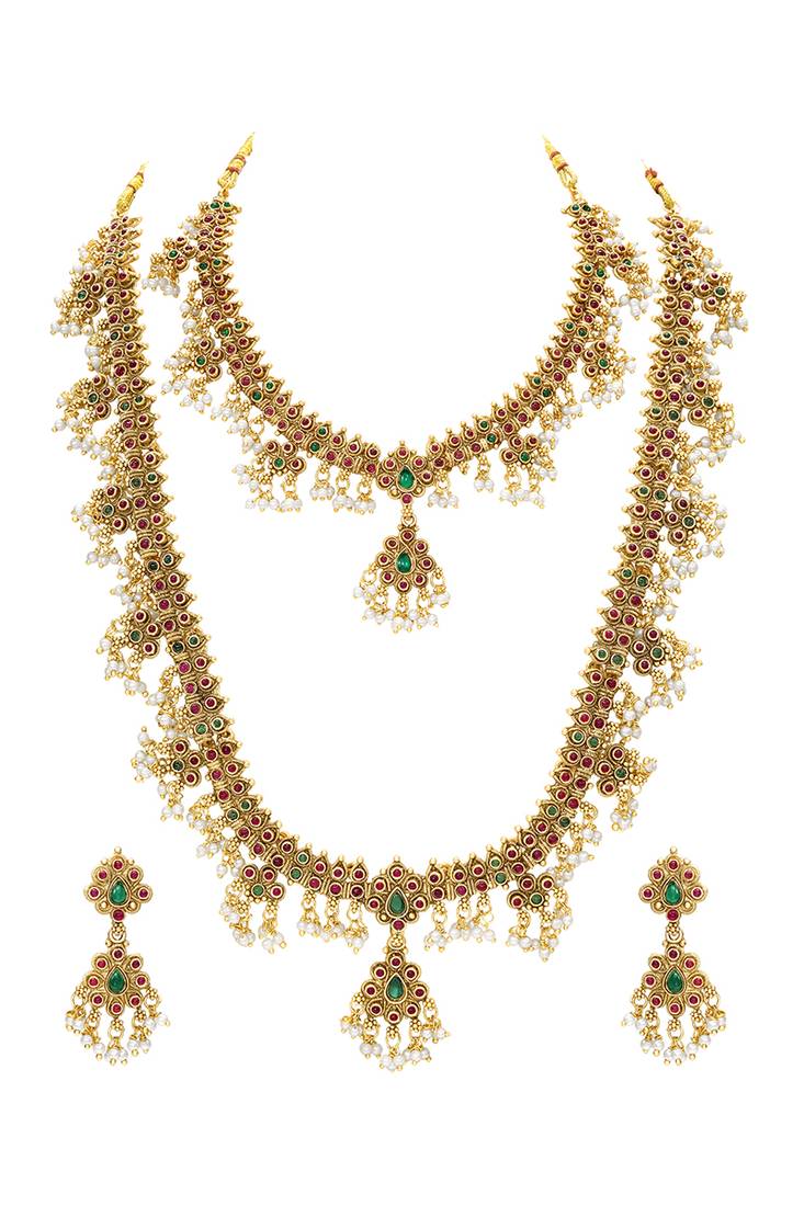 Gold plated faux ruby faux emerald & lariya studded necklace earrings bridal jewellery set