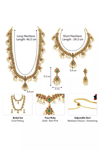 Gold plated faux ruby faux emerald & lariya studded necklace earrings bridal jewellery set