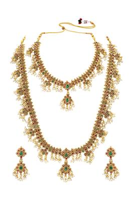 Gold plated faux ruby faux emerald & lariya studded necklace earrings bridal jewellery set 3