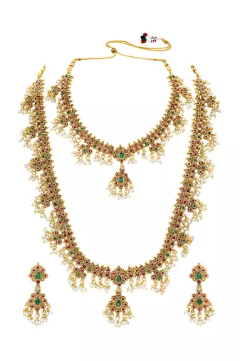 Gold plated faux ruby faux emerald & lariya studded necklace earrings bridal jewellery set