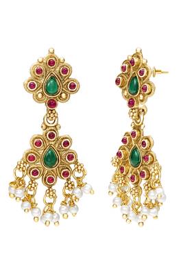 Gold plated faux ruby faux emerald & lariya studded necklace earrings bridal jewellery set 4