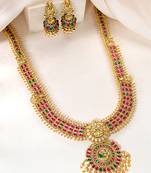 Gold plated faux emerald & pearl studded traditional necklace earrings set jewellery for women
