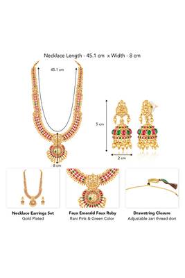Gold plated faux emerald & pearl studded traditional necklace earrings set jewellery for women 2