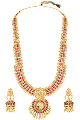 Gold plated faux emerald & pearl studded traditional necklace earrings set jewellery for women 3